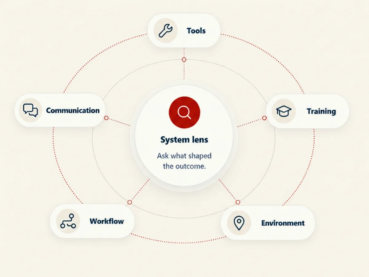A ring of five conditions - tools, communication, training, workflow and environment - around a central system lens captioned: ask what shaped the outcome.